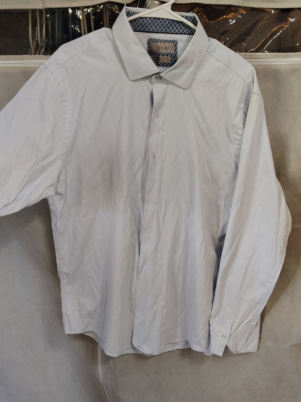 TRULY White Dress Shirt with Navy and Light Blue Floral Trim